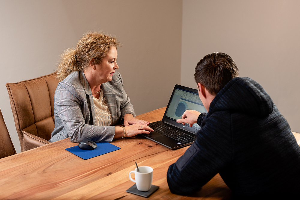 Twee mensen bespreken grafiek op laptop